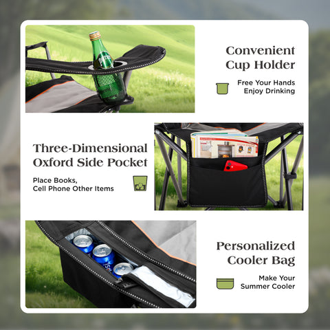 Oversized Portable Folding Camping Chair with Cooler Bag for Sports, Beach, Hiking, Fishing
