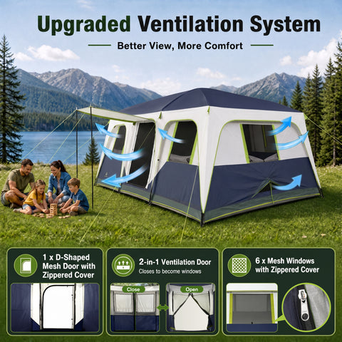 12 Person Camping Tent 16x11FT All-Weather Large Family Cabin Tent with 3 Rooms and 6 Mesh Windows