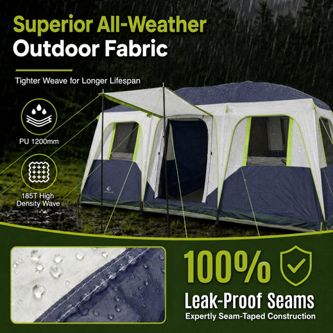 12 Person Camping Tent 16x11FT All-Weather Large Family Cabin Tent with 3 Rooms and 6 Mesh Windows