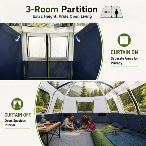 12 Person Camping Tent 16x11FT All-Weather Large Family Cabin Tent with 3 Rooms and 6 Mesh Windows