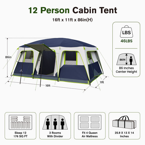 12 Person Camping Tent 16x11FT All-Weather Large Family Cabin Tent with 3 Rooms and 6 Mesh Windows