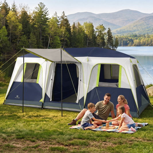12 Person Camping Tent 16x11FT All-Weather Large Family Cabin Tent with 3 Rooms and 6 Mesh Windows