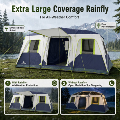 12 Person Camping Tent 16x11FT All-Weather Large Family Cabin Tent with 3 Rooms and 6 Mesh Windows