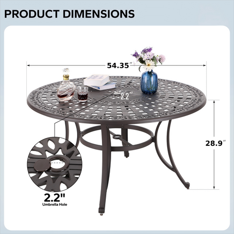 54" Round Cast Aluminum Patio Dining Table for 6 with Umbrella Hole
