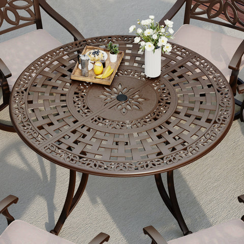 54" Round Cast Aluminum Patio Dining Table for 6 with Umbrella Hole