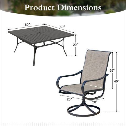 9-Piece Set Extra Large Square Table & Textilene Swivel Chairs