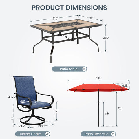 8-Piece 13ft Umbrella Patio Dining Set with Textilene Swivel Chair and Wood-like Table