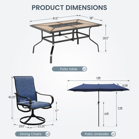 8-Piece 13ft Umbrella Patio Dining Set with Textilene Swivel Chair and Wood-like Table