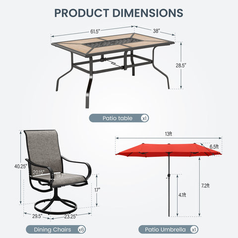 8-Piece 13ft Umbrella Patio Dining Set with Textilene Swivel Chair and Wood-like Table
