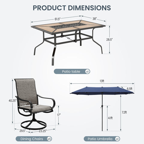 8-Piece 13ft Umbrella Patio Dining Set with Textilene Swivel Chair and Wood-like Table
