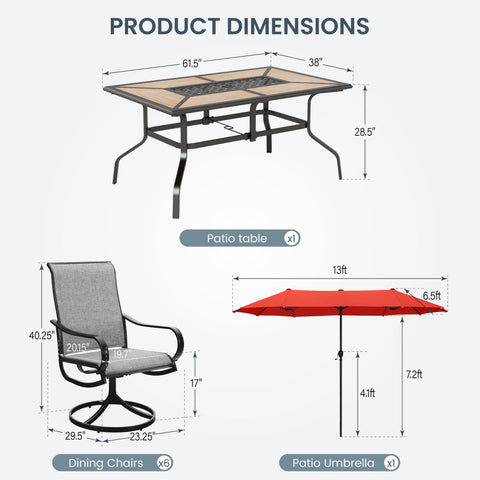 8-Piece 13ft Umbrella Patio Dining Set with Textilene Swivel Chair and Wood-like Table