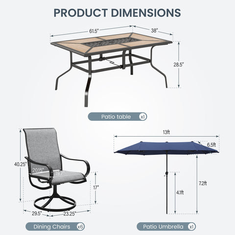 8-Piece 13ft Umbrella Patio Dining Set with Textilene Swivel Chair and Wood-like Table