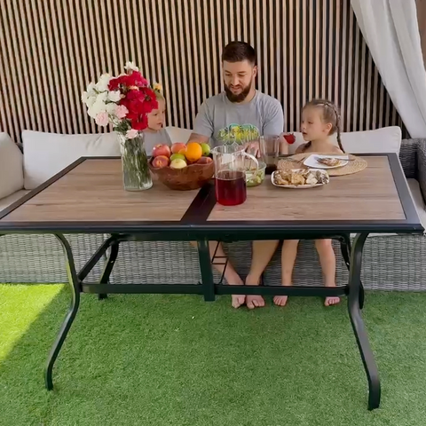 Wood-look PVC Rectangle Steel Patio Dining Table