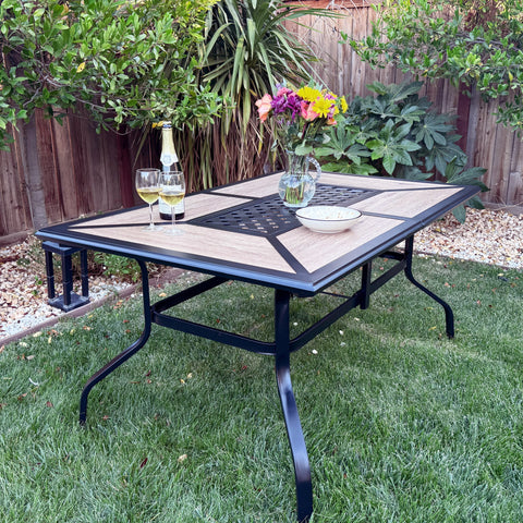 Geometric Wood-look Patio Dining Table with Umbrella Hole