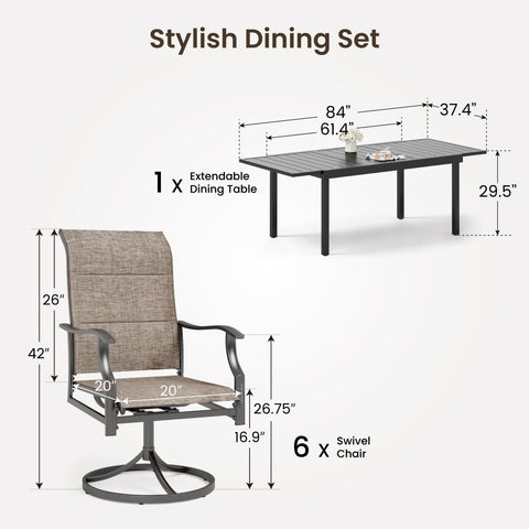 7/9-Piece Patio Textilene High Back Swivel Chairs and Adjustable Metal Table Dining Set
