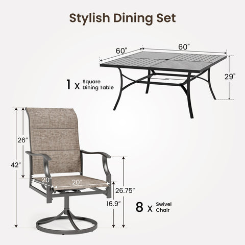 9-Pcs Patio Dining Set with Enlarged Table & High Back Textilene Swivel Chair