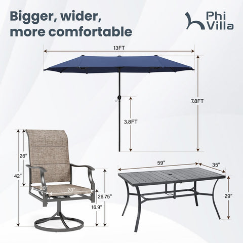 8-Piece 13ft Umbrella Patio Dining Set with High Back Textilene Swivel Chair and Metal Table