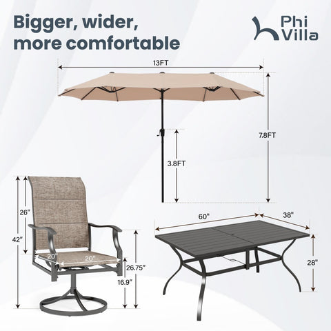 8-Piece 13ft Umbrella Patio Dining Set with High Back Textilene Swivel Chair and Metal Table