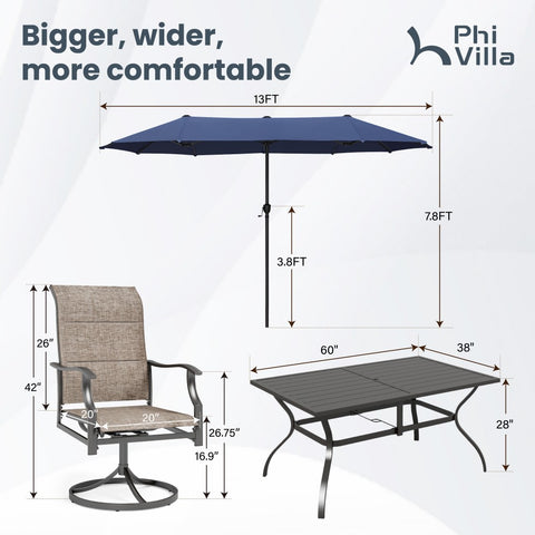 8-Piece 13ft Umbrella Patio Dining Set with High Back Textilene Swivel Chair and Metal Table