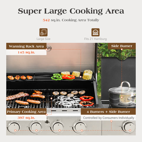 4-Burner Propane BBQ Grill with Side Burner for Outdoor Cooking