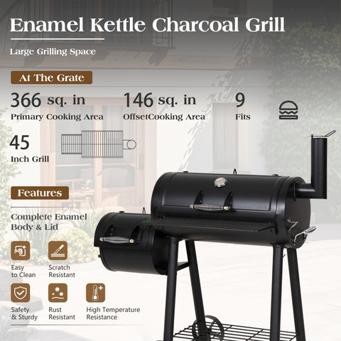 2-In-1 Charcoal Smoker Grill with Offset Smoke Box