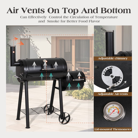 2-In-1 Charcoal Smoker Grill with Offset Smoke Box