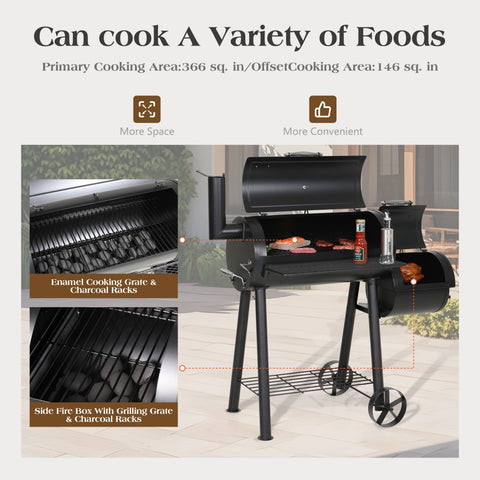 2-In-1 Charcoal Smoker Grill with Offset Smoke Box