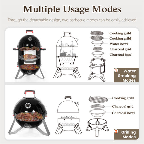 2-In-1 Vertical Charcoal Smoker & Grill with Built-in Thermometer