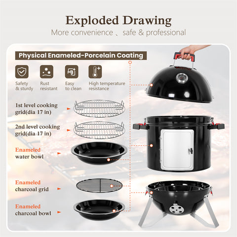 2-In-1 Vertical Charcoal Smoker & Grill with Built-in Thermometer
