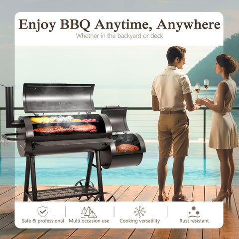 2-In-1 Charcoal Smoker Grill with Offset Smoke Box