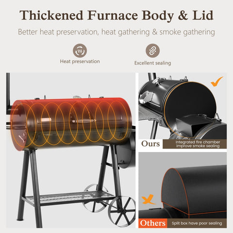 2-In-1 Charcoal Smoker Grill with Offset Smoke Box