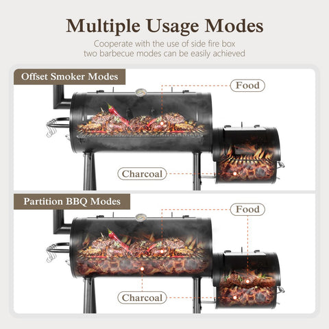 2-In-1 Charcoal Smoker Grill with Offset Smoke Box