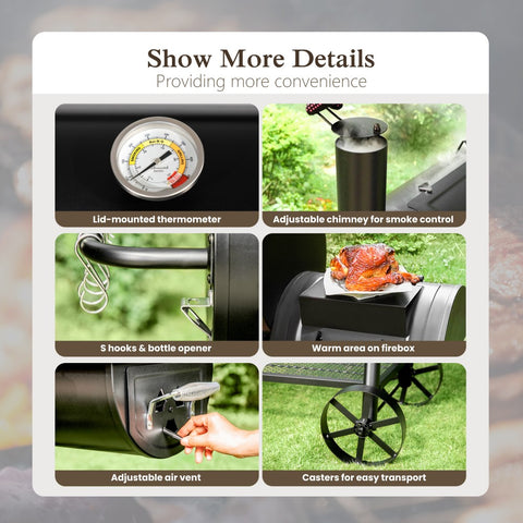 2-In-1 Charcoal Smoker Grill with Offset Smoke Box
