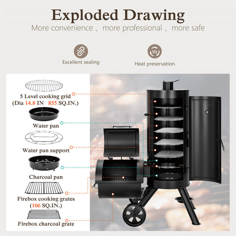 2-In-1 Vertical Offset Charcoal Smoker & BBQ Grill