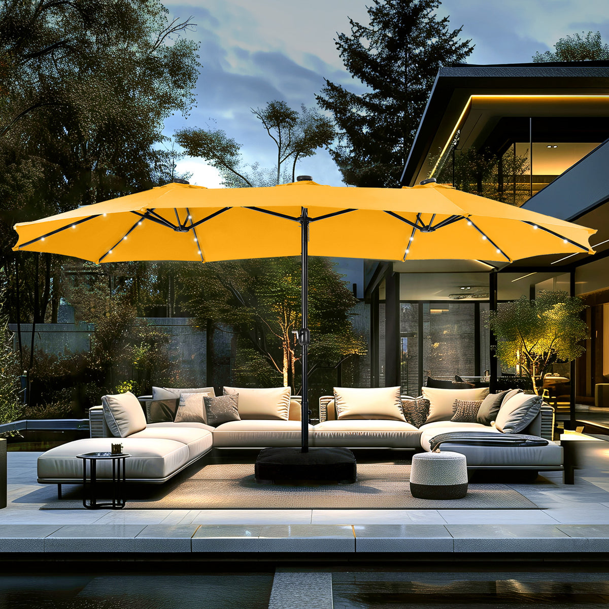 15ft Extra Large Double-Sided Patio Umbrella with Solar Powered LED Lights (Base Included)