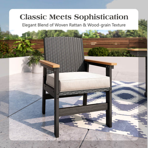7-Piece Outdoor Dining Set with HDPE Rattan Chair and Wood-grain Table