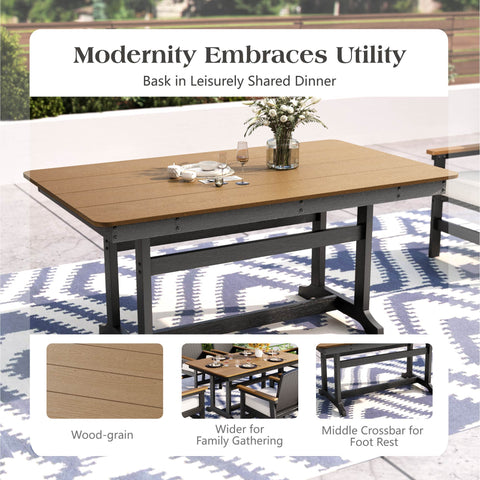 7-Piece Outdoor Dining Set with HDPE Rattan Chair and Wood-grain Table
