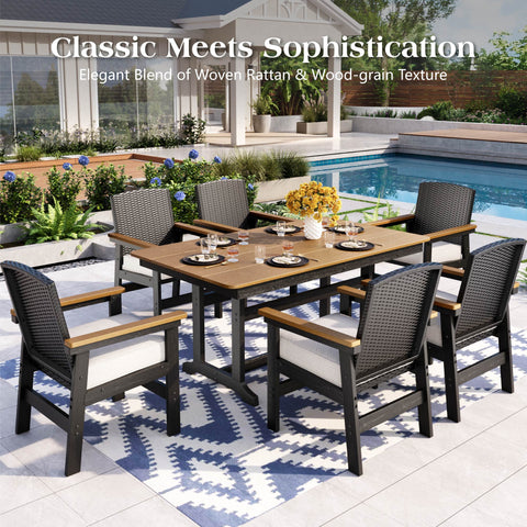 7-Piece Outdoor Dining Set with HDPE Rattan Chair and Wood-grain Table