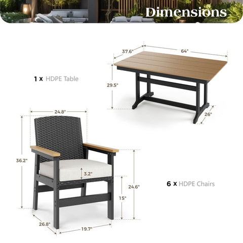 7-Piece Outdoor Dining Set with HDPE Rattan Chair and Wood-grain Table