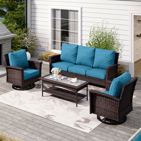 5 Seats Wicker Patio Conversation Sofa Set with Swivel Chairs