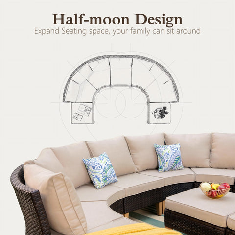 7-Seat Luxurious Half-moon Rattan Sofa with 56" Rattan Fire Pit Table
