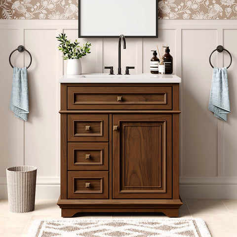Traditional Free Standing Single Bathroom Vanity with One-Piece Ceramic Top and Integrated Sink