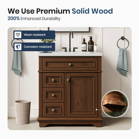 Traditional Free Standing Single Bathroom Vanity with One-Piece Ceramic Top and Integrated Sink