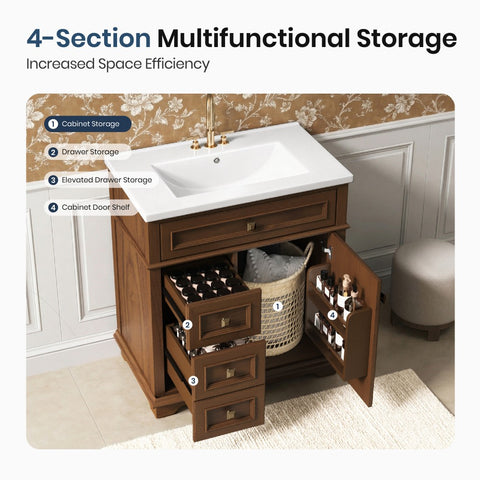 Traditional Free Standing Single Bathroom Vanity with One-Piece Ceramic Top and Integrated Sink