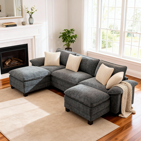 Modular Chenille Cloud Sofa with Ottoman for Living Room & Apartment