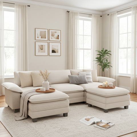 Modular Chenille Cloud Sofa with Ottoman for Living Room & Apartment