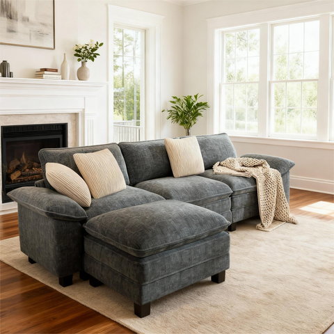 Modular Chenille Cloud Sofa with Ottoman for Living Room & Apartment