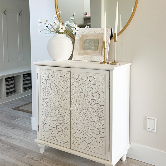Sunflower Carved Accent Cabinet and Chest of Drawers
