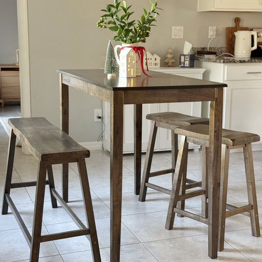 4-Piece Solid Wood Bar Table Set with Saddle Stools and Bench