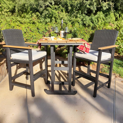 3-Piece Outdoor High Bar Set with HDPE Wicker Stools & Wood-Like Table